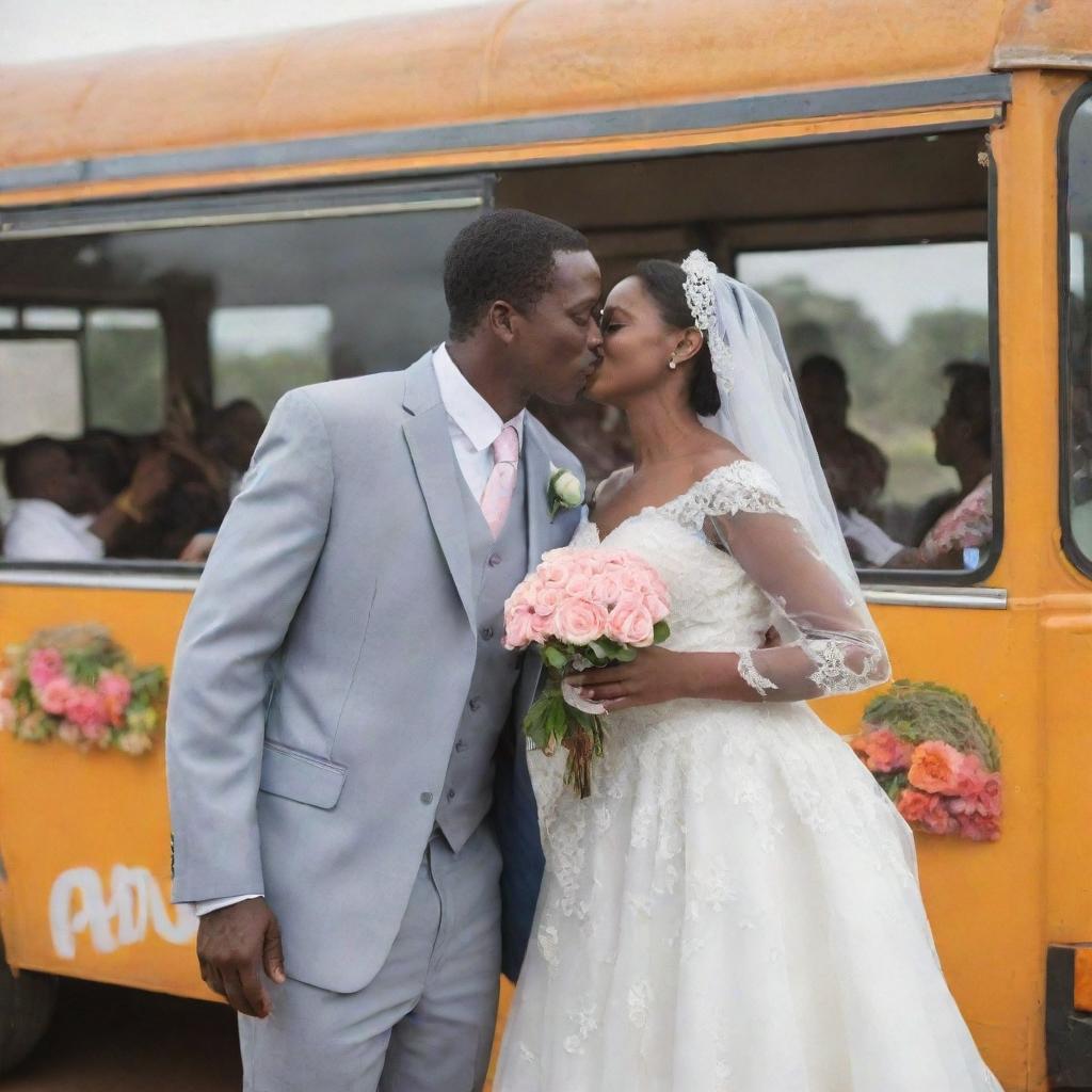 A jubilant Tanzanian wedding occurring on a festively decorated city bus. The scene includes young bride and groom sharing a passionate kiss, elegantly arranged tables, vibrant floral decorations, lively dancing maids, and a bus filled with cheering young couples.