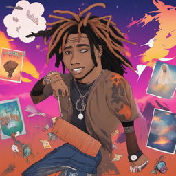 A high-quality digital art piece, portraying late rapper Juice Wrld as a Wojak meme character, complete with his distinctive dreadlocks and tattoos, against a vibrant, album-art inspired background