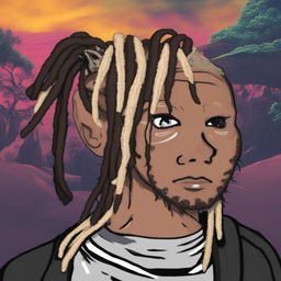 A high-quality digital art piece, portraying late rapper Juice Wrld as a Wojak meme character, complete with his distinctive dreadlocks and tattoos, against a vibrant, album-art inspired background