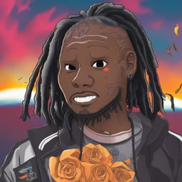 A high-quality digital art piece, portraying late rapper Juice Wrld as a Wojak meme character, complete with his distinctive dreadlocks and tattoos, against a vibrant, album-art inspired background