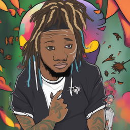 A high-quality digital art piece, portraying late rapper Juice Wrld as a Wojak meme character, complete with his distinctive dreadlocks and tattoos, against a vibrant, album-art inspired background