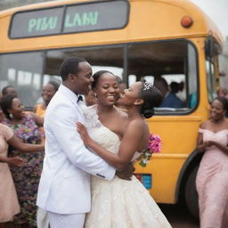 A jubilant Tanzanian wedding occurring on a festively decorated city bus. The scene includes young bride and groom sharing a passionate kiss, elegantly arranged tables, vibrant floral decorations, lively dancing maids, and a bus filled with cheering young couples.