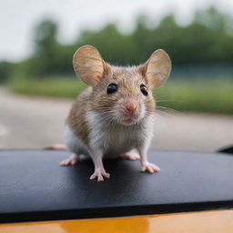 A small mouse perched atop a moving car, its tiny eyes filled with curiosity and longing.