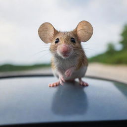 A small mouse perched atop a moving car, its tiny eyes filled with curiosity and longing.