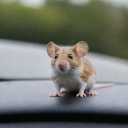 A small mouse perched atop a moving car, its tiny eyes filled with curiosity and longing.