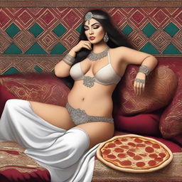 This is a high-quality digital art image showcasing a woman with a fuller figure, lounging on a couch with a pizza box nearby