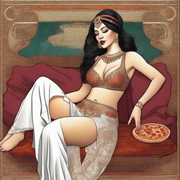 This is a high-quality digital art image showcasing a woman with a fuller figure, lounging on a couch with a pizza box nearby