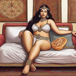 This is a high-quality digital art image showcasing a woman with a fuller figure, lounging on a couch with a pizza box nearby