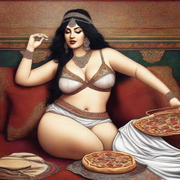 This is a high-quality digital art image showcasing a woman with a fuller figure, lounging on a couch with a pizza box nearby