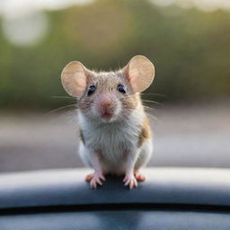 A small mouse perched atop a moving car, its tiny eyes filled with curiosity and longing.