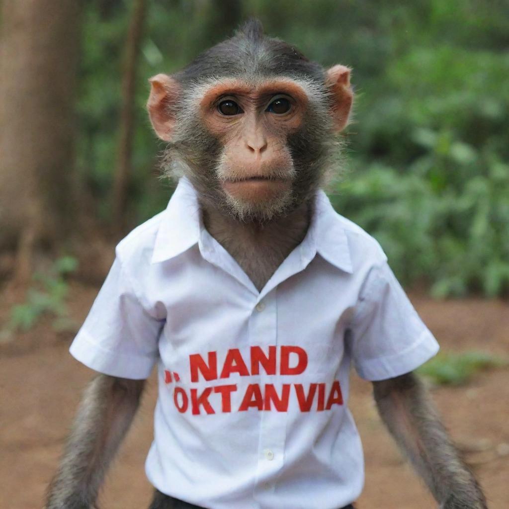 A monkey dressed in a shirt that reads 'NANDA OKTAVIA'