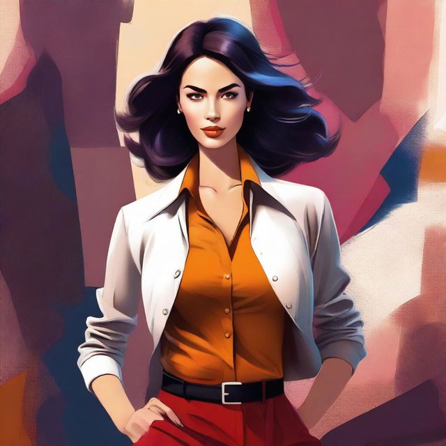 A high-quality digital art piece featuring a confident woman in a stylish yet tasteful outfit