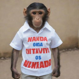 A monkey dressed in a shirt that reads 'NANDA OKTAVIA'