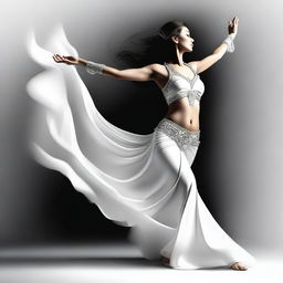 An elegant digital art depicting a woman in a white belly dancing costume, expressing love and affection through her dance