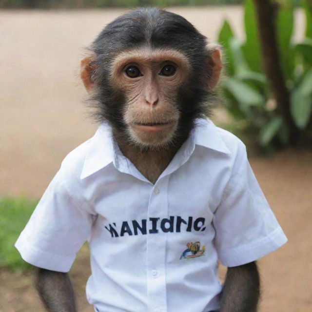 A monkey dressed in a shirt that reads 'NANDA OKTAVIA'