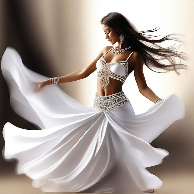 An elegant digital art depicting a woman in a white belly dancing costume, expressing love and affection through her dance