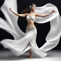 An elegant digital art depicting a woman in a white belly dancing costume, expressing love and affection through her dance