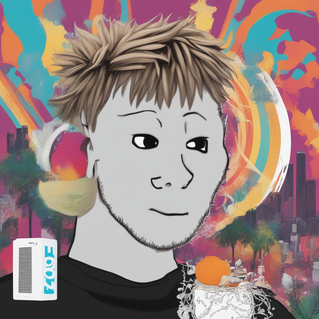 A high-resolution digital art image depicting Juice Wrld as a detailed Wojak meme character, set against a vibrant, album-art inspired backdrop