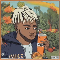 A high-resolution digital art image depicting Juice Wrld as a detailed Wojak meme character, set against a vibrant, album-art inspired backdrop