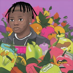 A high-resolution digital art image depicting Juice Wrld as a detailed Wojak meme character, set against a vibrant, album-art inspired backdrop