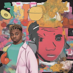 A high-resolution digital art image depicting Juice Wrld as a detailed Wojak meme character, set against a vibrant, album-art inspired backdrop