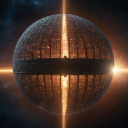 An advanced Dyson sphere, a colossal structure encasing a star, harvesting its energy. The sphere shines with the intense brilliance of the star within, set against the calm backdrop of the surrounding cosmos.