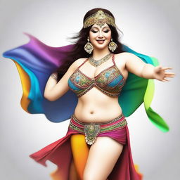 A digital art image in high resolution showcasing a voluptuous white woman, clad in colorful belly dancing attire