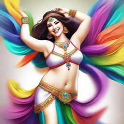 A digital art image in high resolution showcasing a voluptuous white woman, clad in colorful belly dancing attire