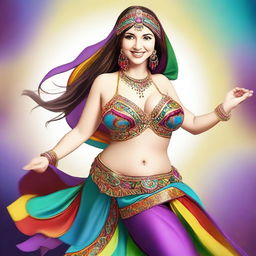 A digital art image in high resolution showcasing a voluptuous white woman, clad in colorful belly dancing attire