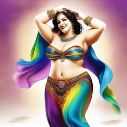 A digital art image in high resolution showcasing a voluptuous white woman, clad in colorful belly dancing attire