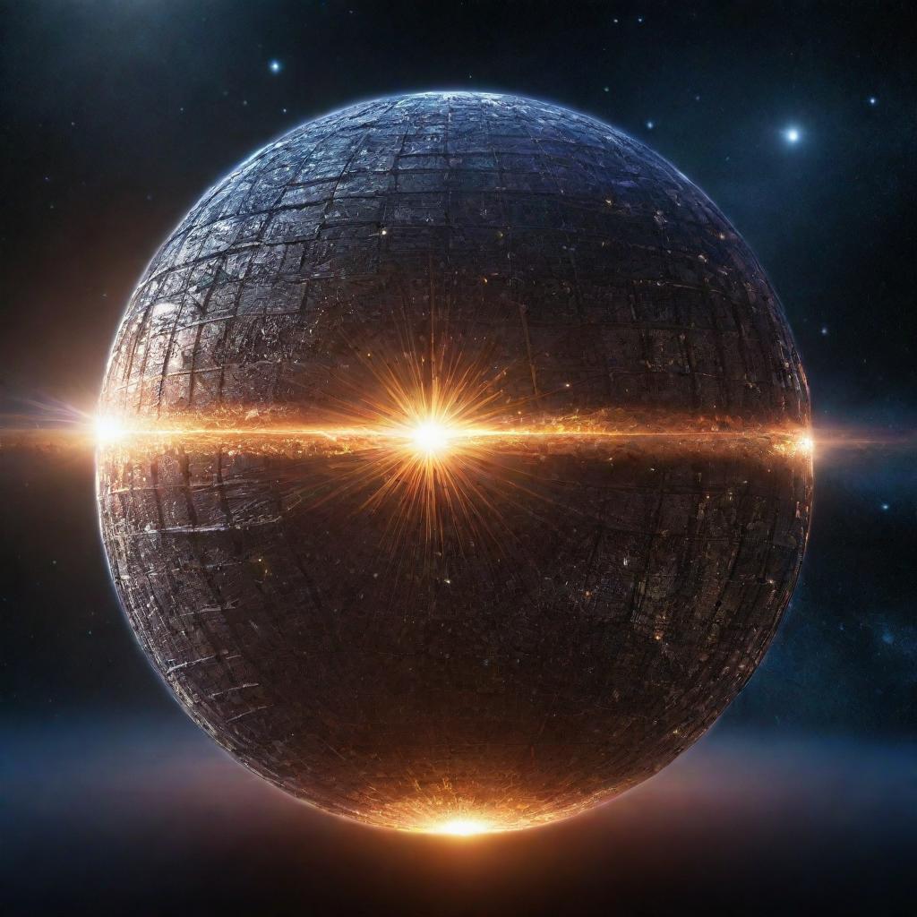 An advanced Dyson sphere, a colossal structure encasing a star, harvesting its energy. The sphere shines with the intense brilliance of the star within, set against the calm backdrop of the surrounding cosmos.