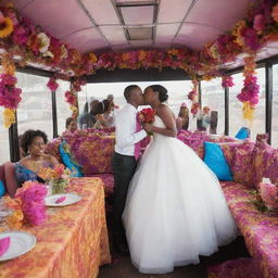 A vibrant scene of a Tanzanian wedding inside a festively decorated city bus. A young bride and groom share a loving kiss, while jubilant guests enjoy delicious food at elegantly set tables amid vibrant floral decorations and dancing maids.