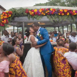 A vibrant scene of a Tanzanian wedding inside a festively decorated city bus. A young bride and groom share a loving kiss, while jubilant guests enjoy delicious food at elegantly set tables amid vibrant floral decorations and dancing maids.