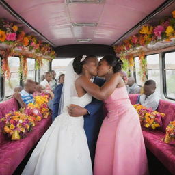 A vibrant scene of a Tanzanian wedding inside a festively decorated city bus. A young bride and groom share a loving kiss, while jubilant guests enjoy delicious food at elegantly set tables amid vibrant floral decorations and dancing maids.