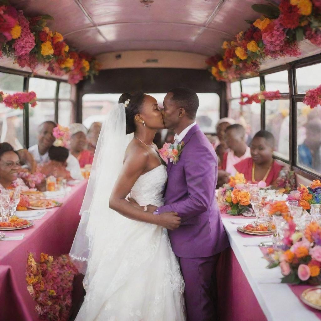 A vibrant scene of a Tanzanian wedding inside a festively decorated city bus. A young bride and groom share a loving kiss, while jubilant guests enjoy delicious food at elegantly set tables amid vibrant floral decorations and dancing maids.