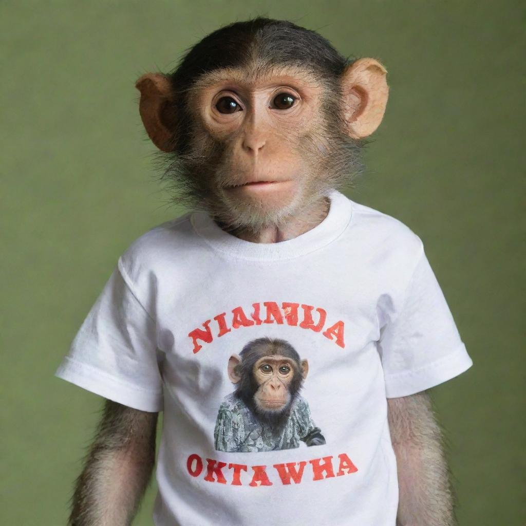 A monkey wearing a shirt with the text 'NANDA OKTAVIA'