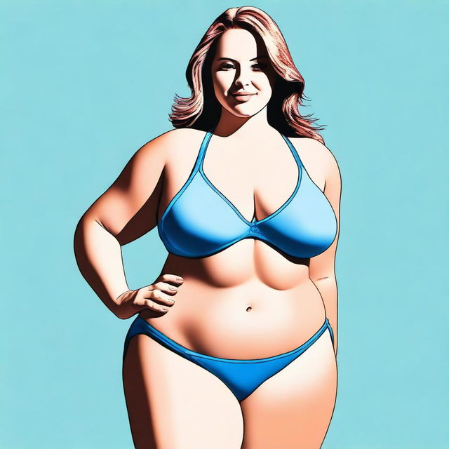 A digital art image capturing a Caucasian woman, previously slim, now with a fuller figure, clad in a blue bikini