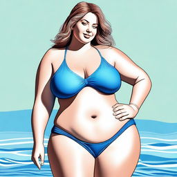 A digital art image capturing a Caucasian woman, previously slim, now with a fuller figure, clad in a blue bikini