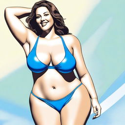 A digital art image capturing a Caucasian woman, previously slim, now with a fuller figure, clad in a blue bikini