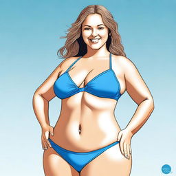 A digital art image capturing a Caucasian woman, previously slim, now with a fuller figure, clad in a blue bikini