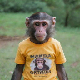 A monkey wearing a shirt with the text 'NANDA OKTAVIA'