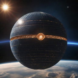 An impressive Dyson sphere encapsulating a star, with Earth-based starships approaching. The sphere radiates powerful energy, illuminating the spacecrafts against the vast expanse of space.