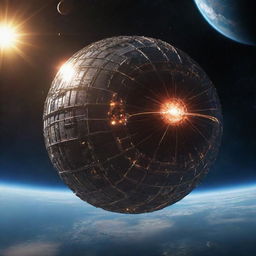 An impressive Dyson sphere encapsulating a star, with Earth-based starships approaching. The sphere radiates powerful energy, illuminating the spacecrafts against the vast expanse of space.