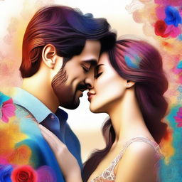 A digital art image portraying a romantic scene between a man and woman, captured in a tender and loving moment