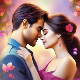 A digital art image portraying a romantic scene between a man and woman, captured in a tender and loving moment