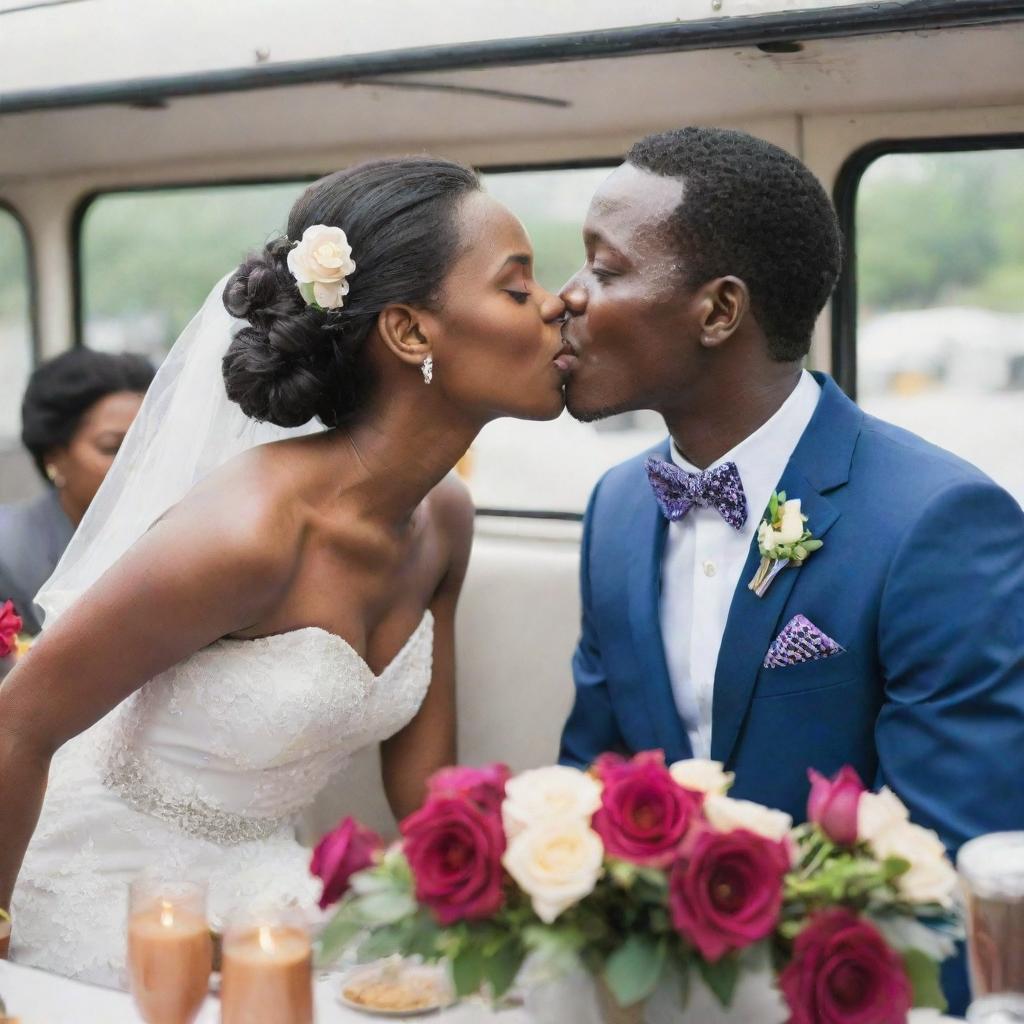 A festive Tanzanian wedding taking place on a city bus. The young bride and groom are sharing a kiss, while guests are enjoying food on elegantly set tables, lively individuals are dancing merrily, and beautiful floral arrangements add color to the celebration.