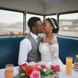 A festive Tanzanian wedding taking place on a city bus. The young bride and groom are sharing a kiss, while guests are enjoying food on elegantly set tables, lively individuals are dancing merrily, and beautiful floral arrangements add color to the celebration.