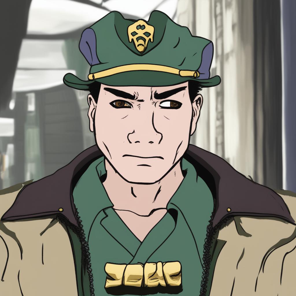 A high-quality digital art image of Jotaro Kujo from 'JoJo's Bizarre Adventure' in the style of the Wojak meme