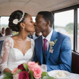 A festive Tanzanian wedding taking place on a city bus. The young bride and groom are sharing a kiss, while guests are enjoying food on elegantly set tables, lively individuals are dancing merrily, and beautiful floral arrangements add color to the celebration.