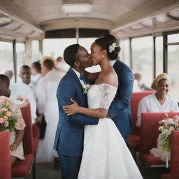 A festive Tanzanian wedding taking place on a city bus. The young bride and groom are sharing a kiss, while guests are enjoying food on elegantly set tables, lively individuals are dancing merrily, and beautiful floral arrangements add color to the celebration.